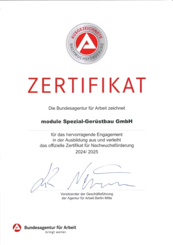 Zertifikat von der Bundesagentur für Arbeit für Nachwuchsförderung 2024/25